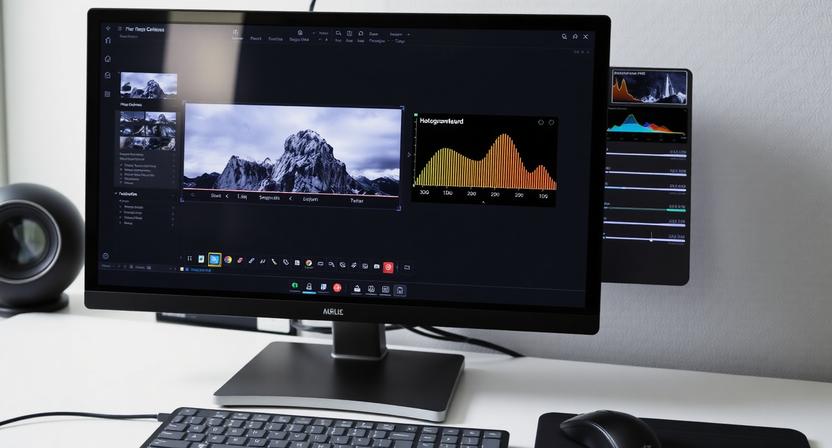 priprava fotografie na tlac na monitore s histogramom a finalnym exportom
