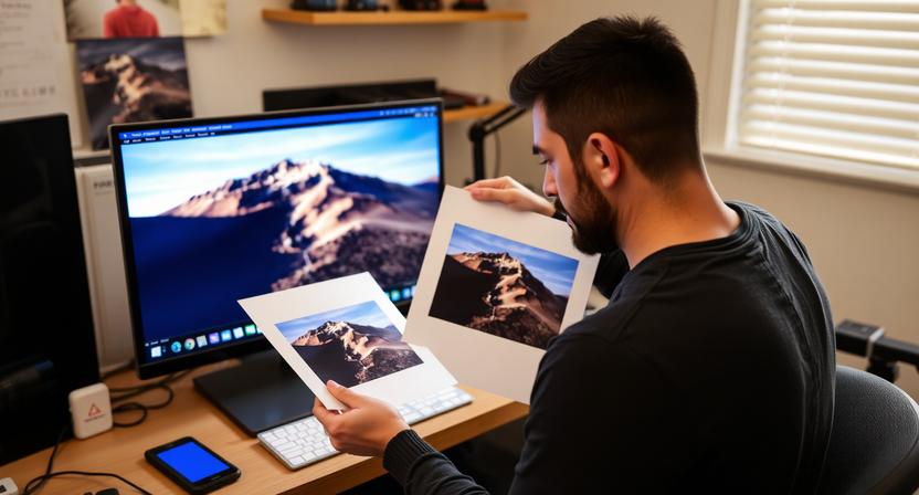 fotograf porovnava fotografiu na monitore a vytlaceny tmavsi obraz na papieri