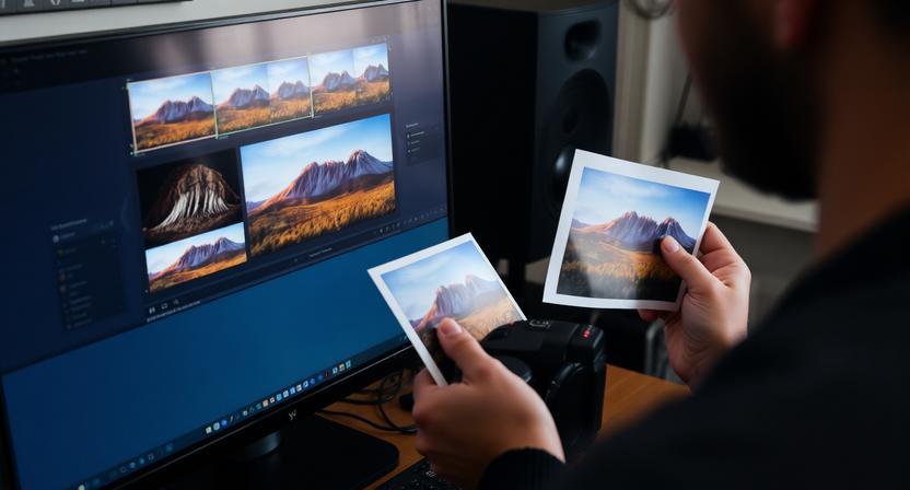 fotograf upravuje fotografie na monitore a porovnava farby s vytlacenou fotografiou