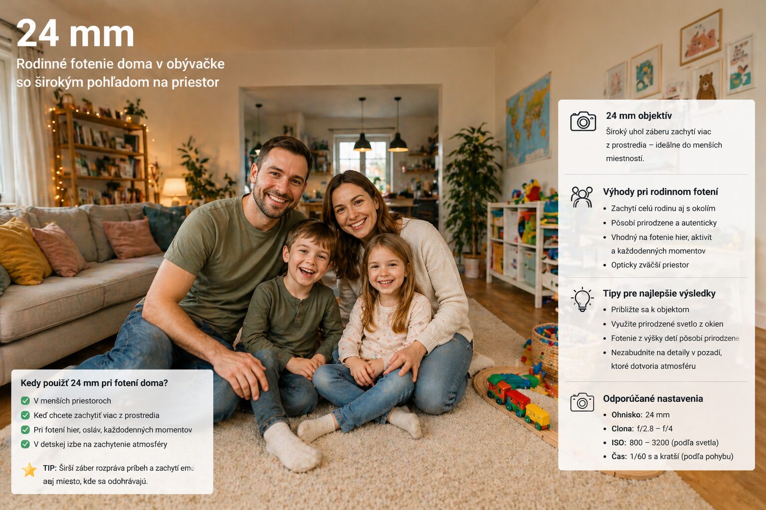 24 mm objektív pri rodinnom fotení doma v obývačke alebo detskej izbe