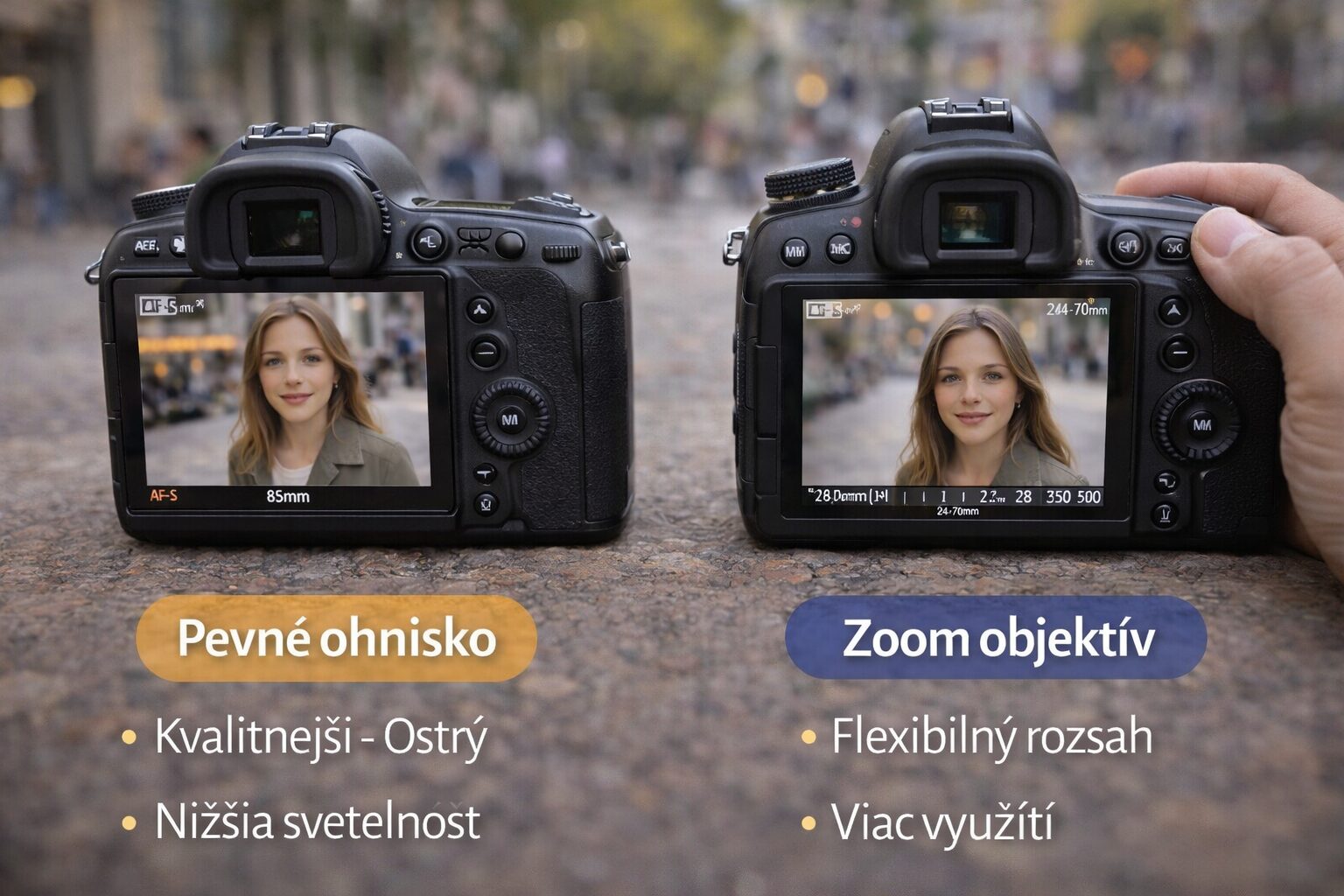 pevné ohnisko a zoom objektív položené vedľa seba pri fotografovaní