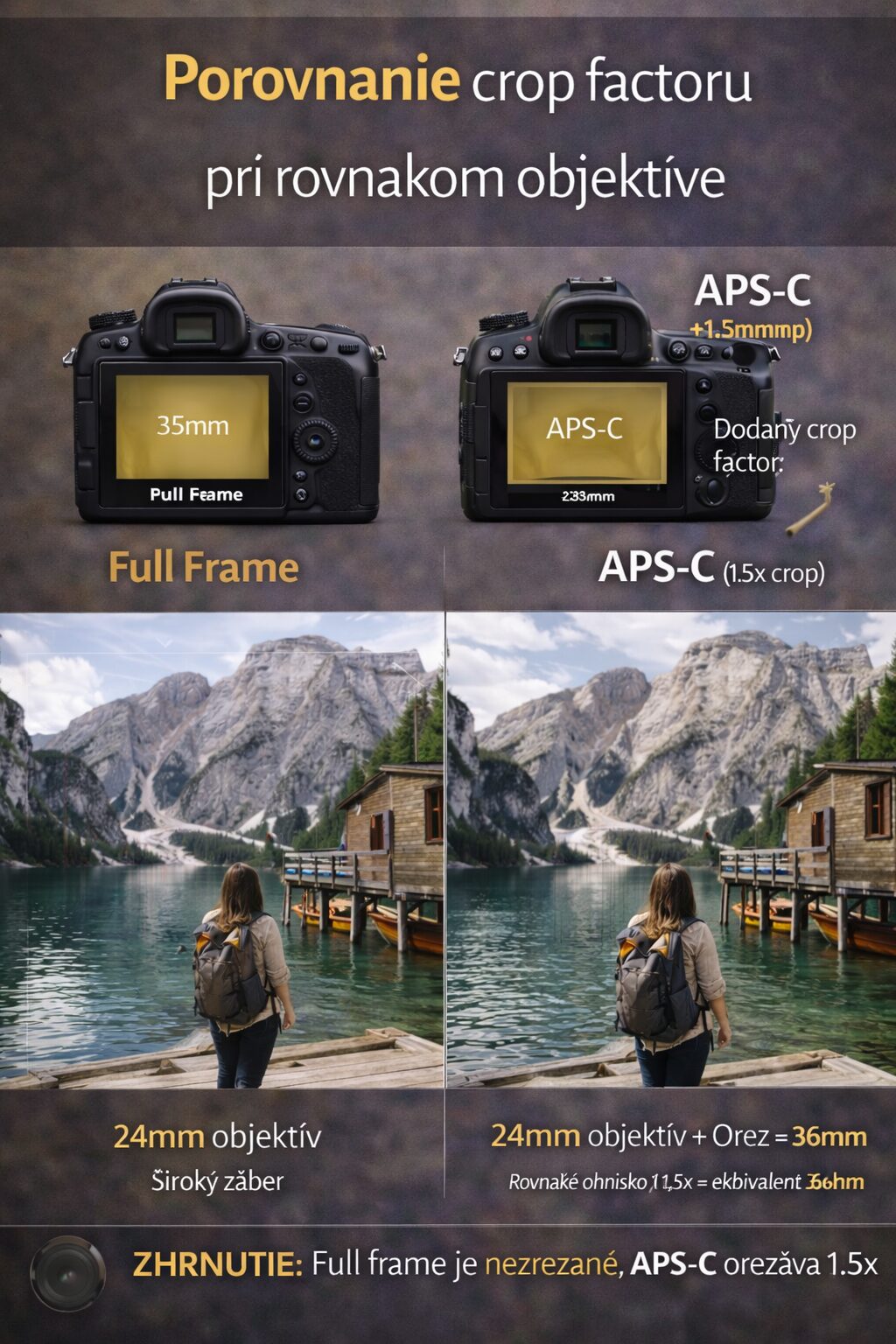 porovnanie crop factoru na full frame a APS-C pri rovnakom objektive