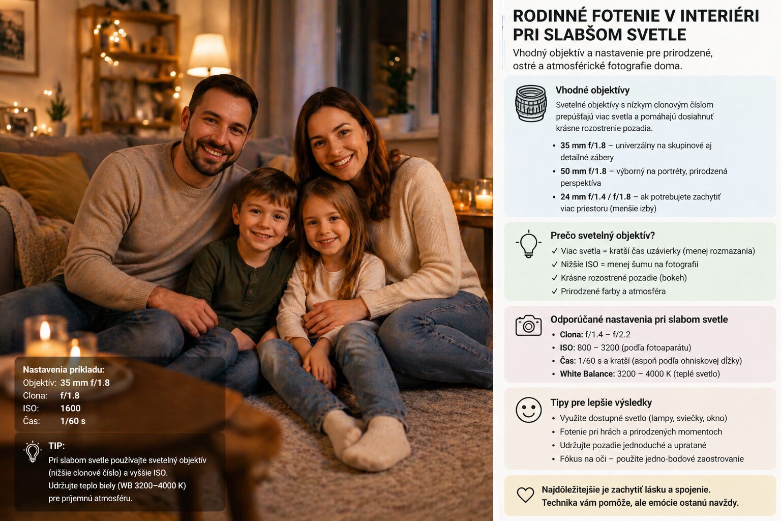 rodinné fotenie v interiéri doma pri slabšom svetle s vhodným objektívom