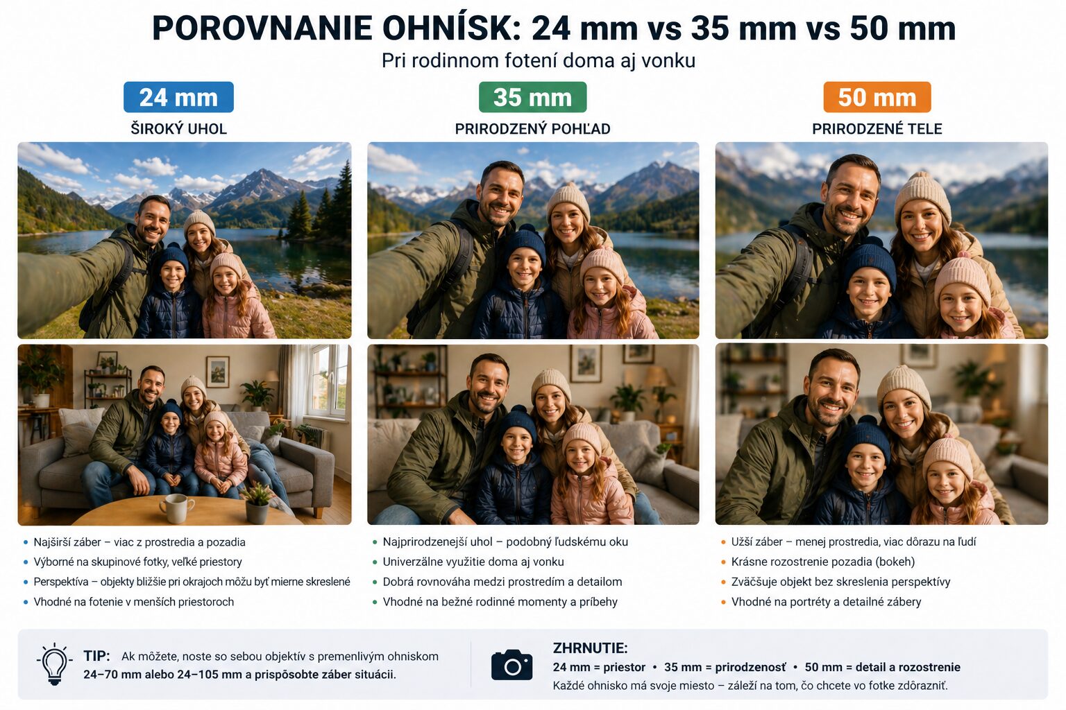porovnanie 24 mm 35 mm a 50 mm pri rodinnom fotení doma alebo vonku
