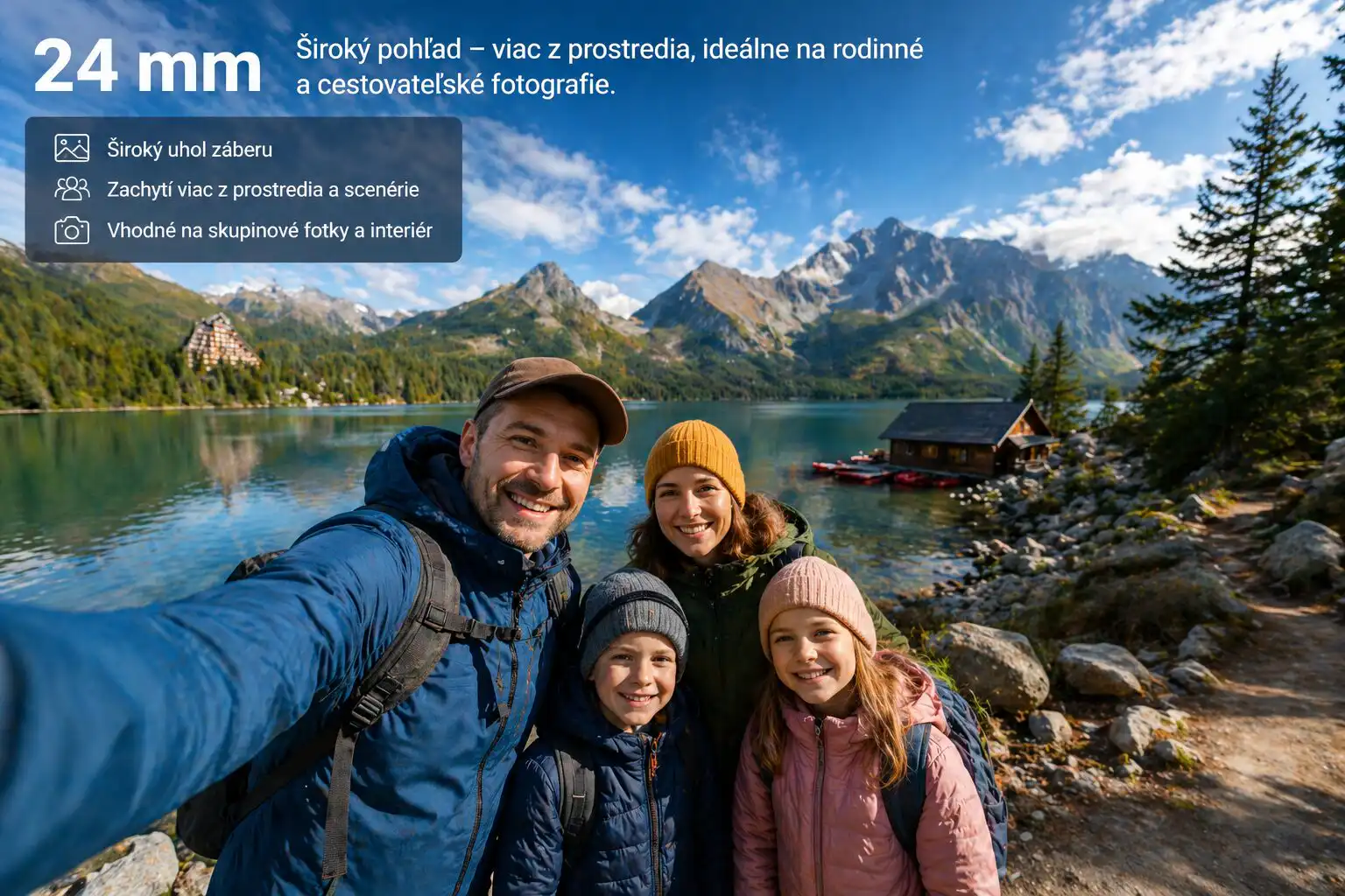 24 mm ohnisko pri rodinnom alebo cestovateľskom fotení so širokým pohľadom na priestor