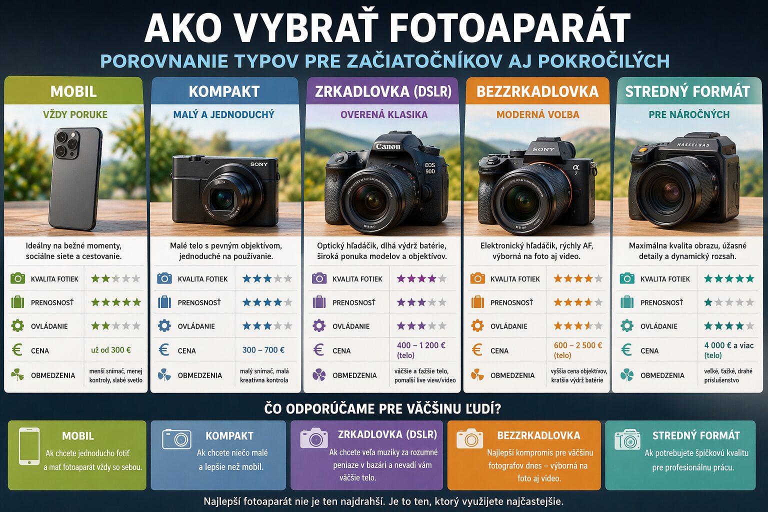 ako vybrať fotoaparát porovnanie rôznych typov fotoaparátov pre začiatočníkov aj pokročilých
