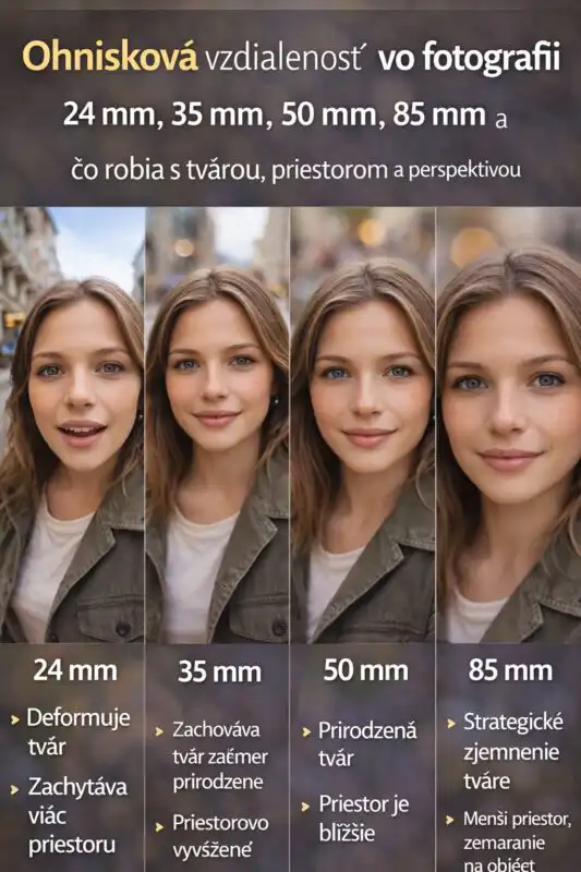 Ohnisková vzdialenosť vo fotografii – 24 mm, 35 mm, 50 mm, 85 mm a čo robia s tvárou, priestorom a perspektívou
