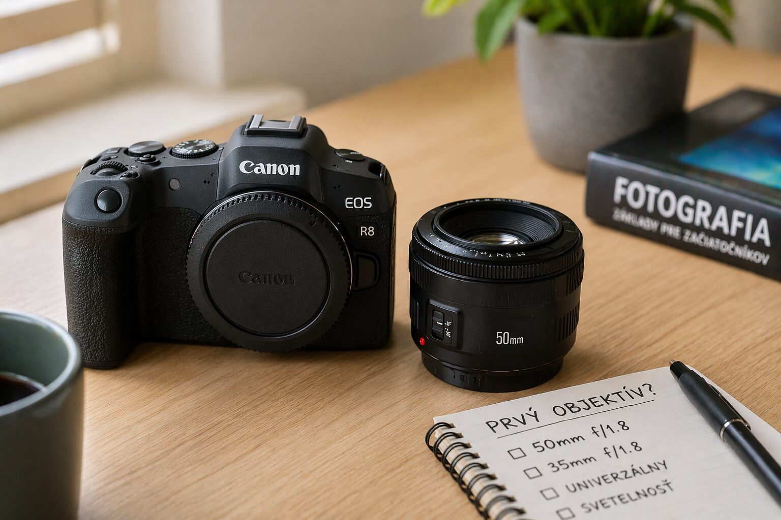 prvý objektív k fotoaparátu položený vedľa tela fotoaparátu pri rozhodovaní začiatočníka