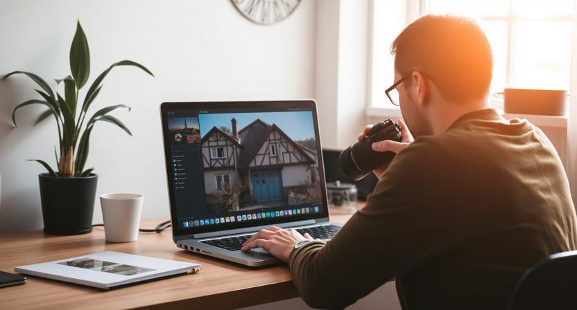 fotograf upravuje fotografie v programe na pocitaci a porovnava viac editorov