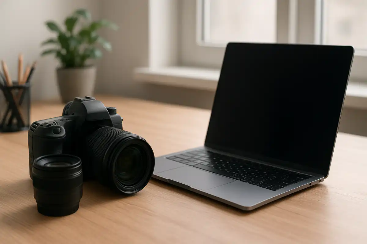 Pracovné prostredie fotografa s fotoaparátom a príslušenstvom