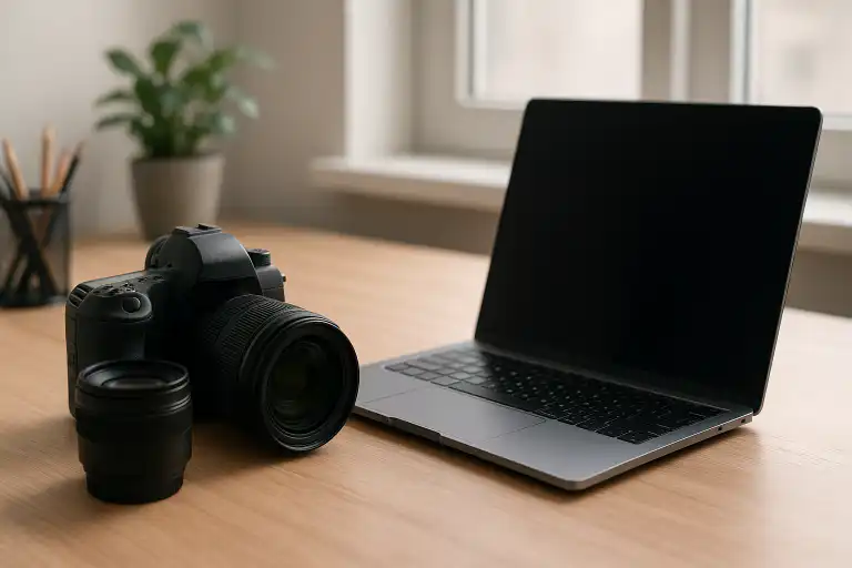 Pracovné prostredie fotografa s fotoaparátom a príslušenstvom
