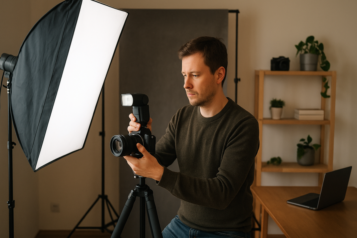 Fotograf pracuje so svetlom a bleskom - manuálny blesk