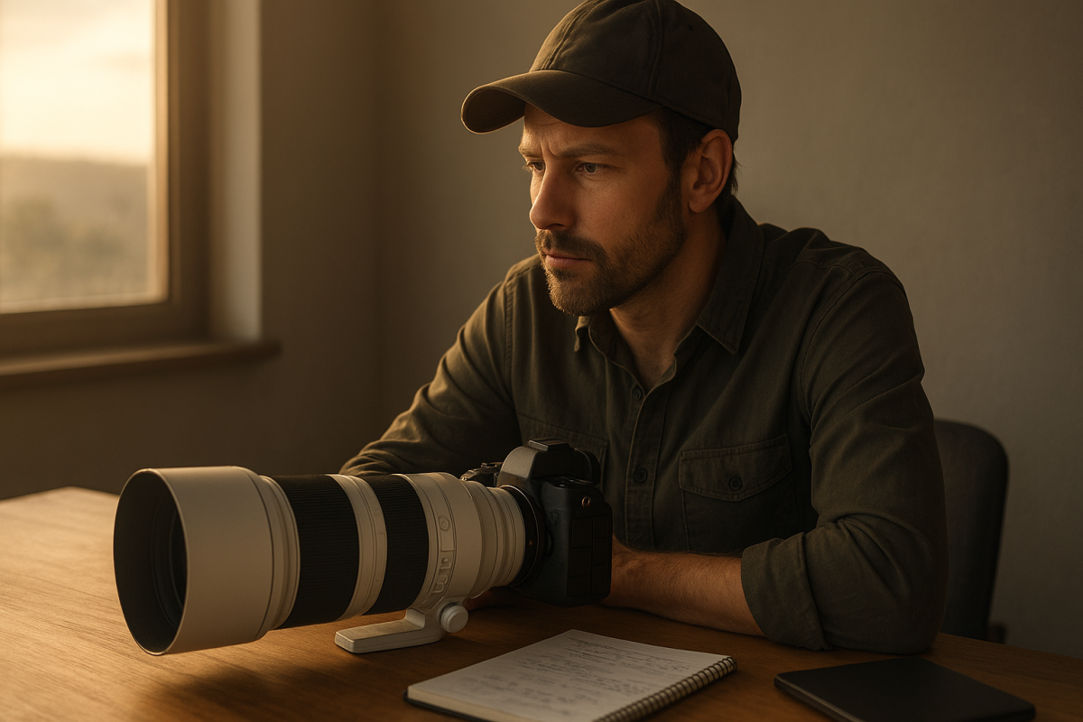 Fotograf v prírode sleduje mirrorless fotoaparát s dlhým teleobjektívom bez loga
