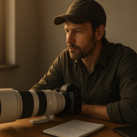 Fotograf v prírode sleduje mirrorless fotoaparát s dlhým teleobjektívom bez loga