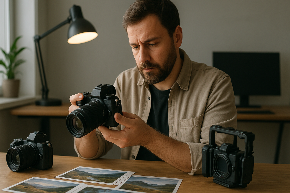 Fotograf drží unbranded mirrorless fotoaparát pri notebooku s rozmazanou roadmapou