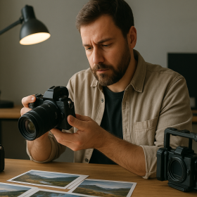 Fotograf drží unbranded mirrorless fotoaparát pri notebooku s rozmazanou roadmapou