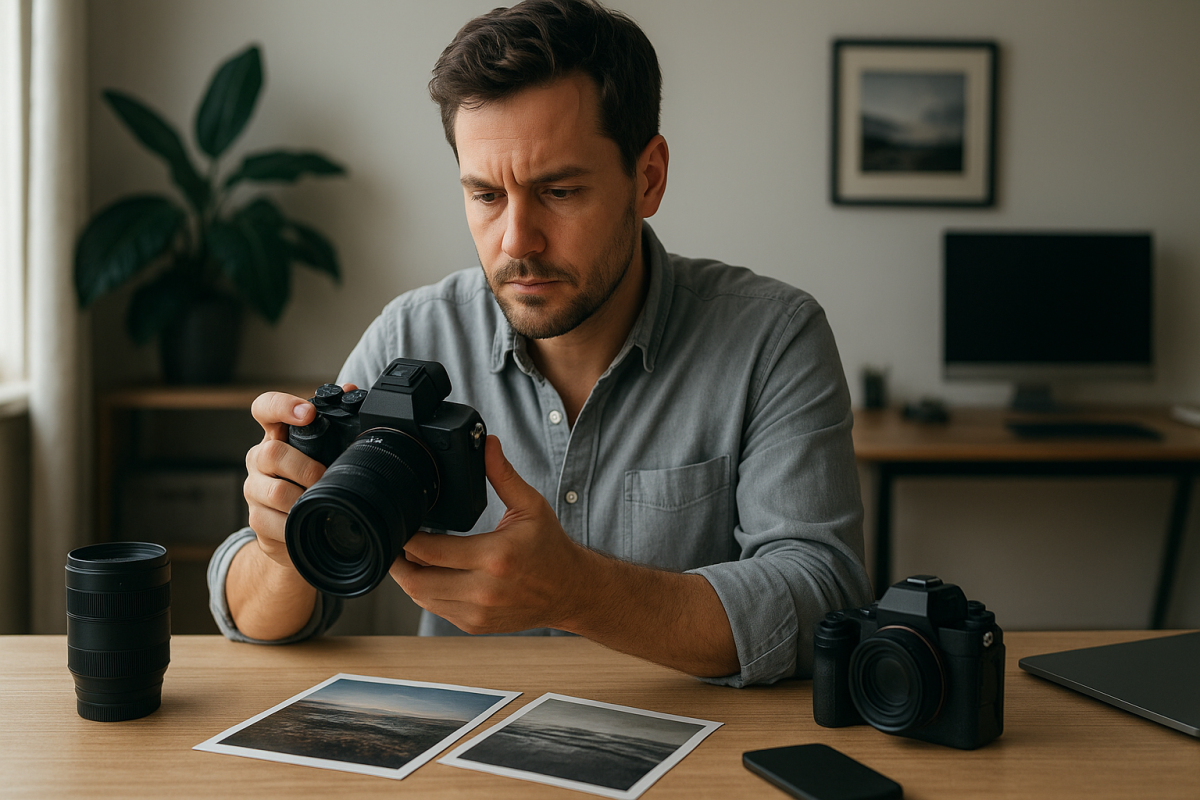 Dospelý tvorca porovnáva moderný mirrorless fotoaparát s notebookom a monitorom bez loga