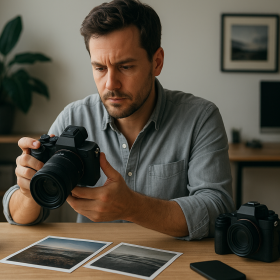 Dospelý tvorca porovnáva moderný mirrorless fotoaparát s notebookom a monitorom bez loga
