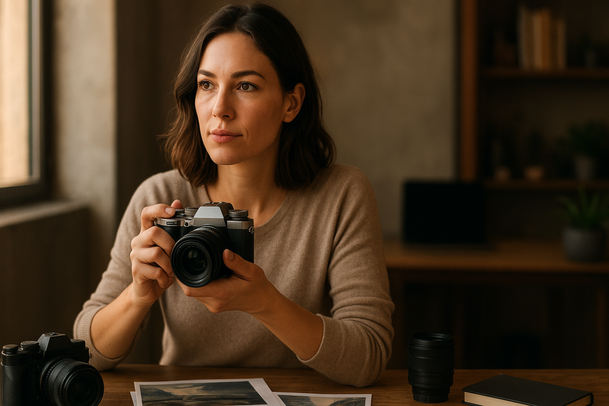 Fotografka drží retro mirrorless fotoaparát bez značiek na mestskom svetle