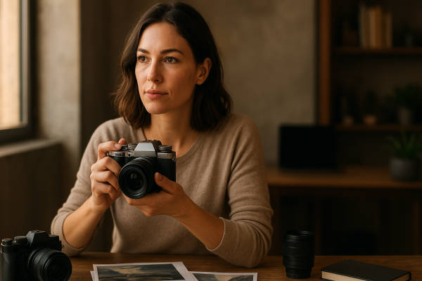 Fotografka drží retro mirrorless fotoaparát bez značiek na mestskom svetle