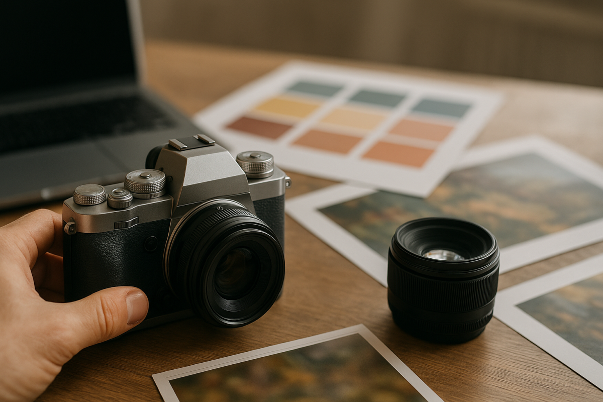 Detail retro fotoaparátu a malého objektívu na stole bez loga a bez textu