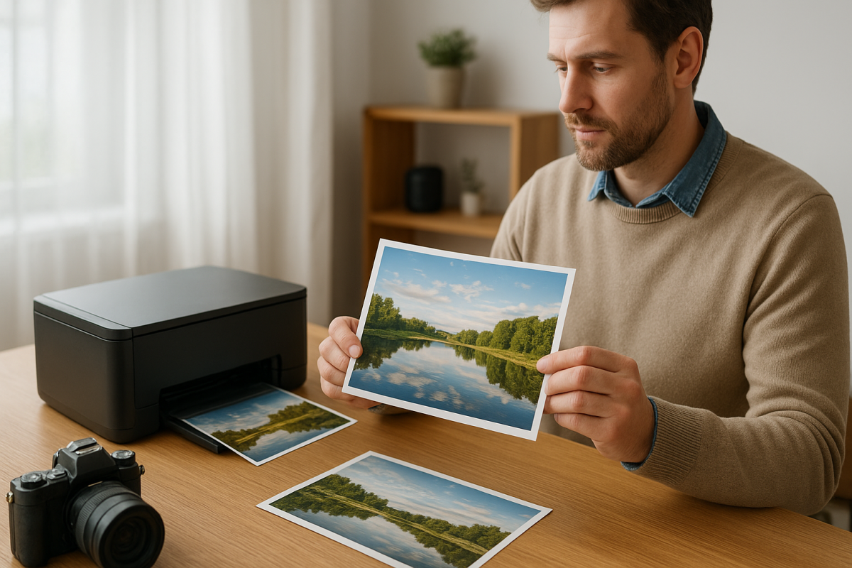 Dospelý človek drží čerstvo vytlačenú fotografiu pri domácej fototlačiarni bez značiek