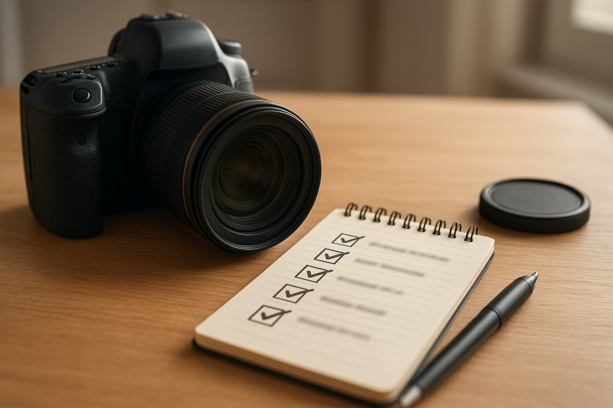 Detail recenzného checklistu, fotoaparátu a objektívu bez čitateľného textu