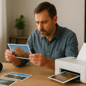 Dospelý fotograf kontroluje vytlačenú fotografiu pri domácej tlačiarni bez značiek