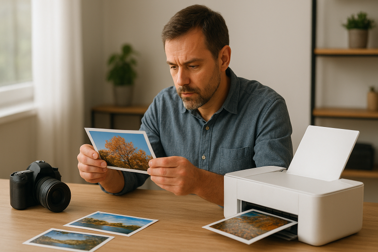 Dospelý fotograf kontroluje vytlačenú fotografiu pri domácej tlačiarni bez značiek