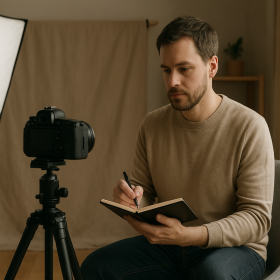 Začínajúci dospelý fotograf v parku kontroluje svetlo a stabilný postoj s fotoaparátom bez loga