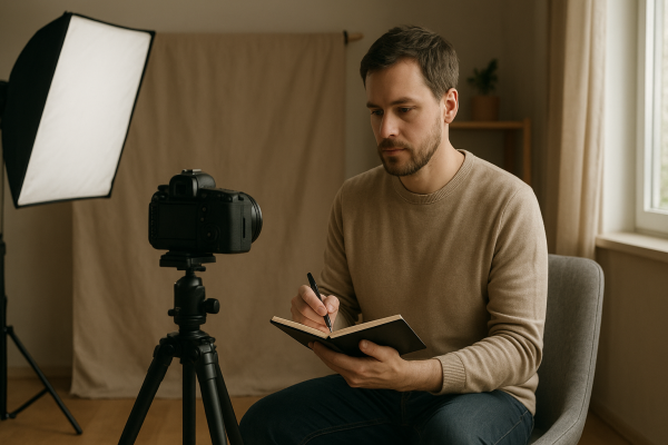 Začínajúci dospelý fotograf v parku kontroluje svetlo a stabilný postoj s fotoaparátom bez loga