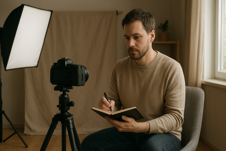 Začínajúci dospelý fotograf v parku kontroluje svetlo a stabilný postoj s fotoaparátom bez loga