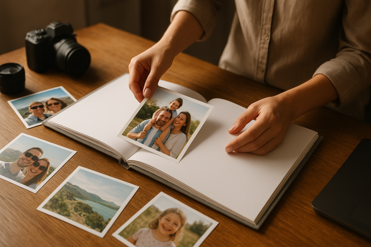 Dospelá osoba triedi vytlačené fotografie do albumu na stole bez čitateľného textu