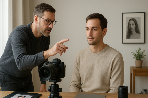 Dospelý muž sedí pri jednoduchom domácom portrétnom pozadí a fotograf ho vedie bez loga