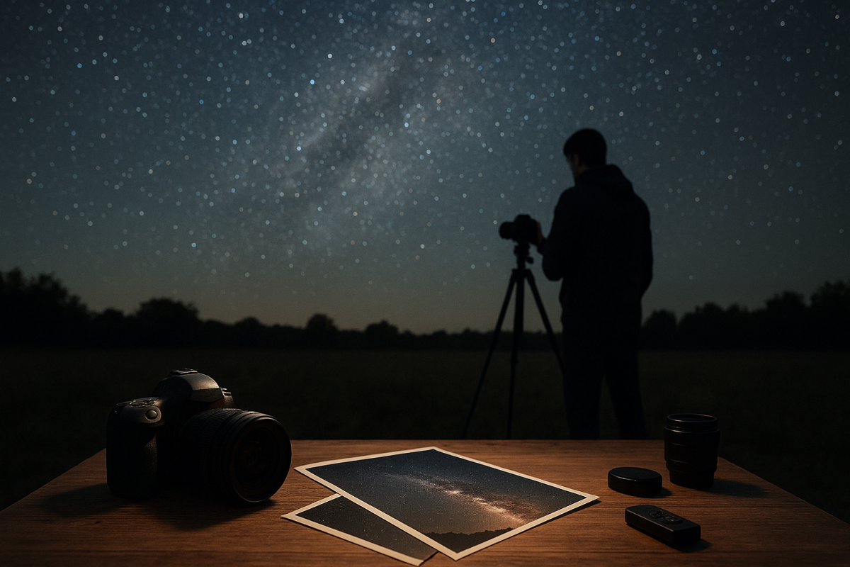 Dospelý fotograf so statívom pod hviezdnou oblohou na bezpečnom otvorenom mieste