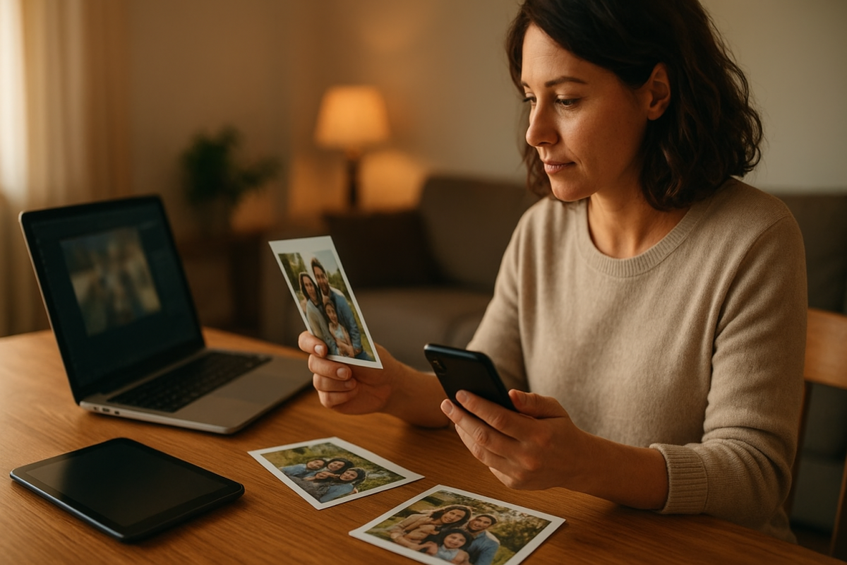 Dospelý človek si prezerá rodinné fotky v mobile a na tablete pri notebooku bez loga