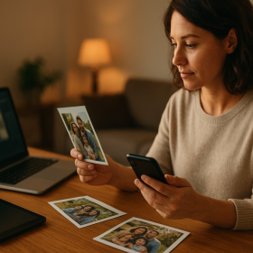Dospelý človek si prezerá rodinné fotky v mobile a na tablete pri notebooku bez loga