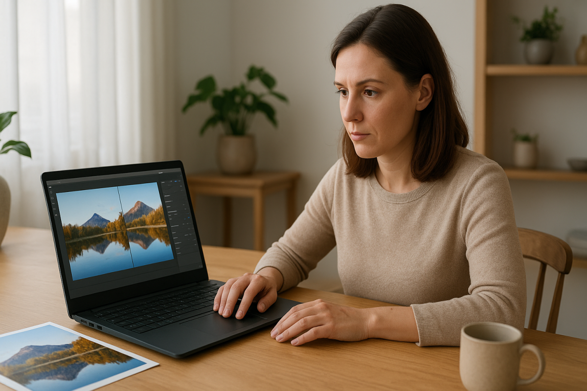 Dospelá žena porovnáva dva editory fotiek na notebooku pri šálke kávy bez loga