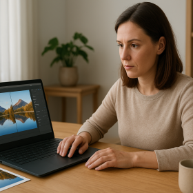Dospelá žena porovnáva dva editory fotiek na notebooku pri šálke kávy bez loga