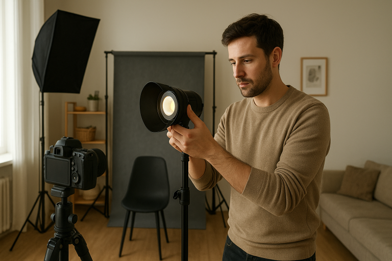 Dospelý fotograf nastavuje malé COB svetlo v byte pri portrétnom alebo produktovom sete bez loga