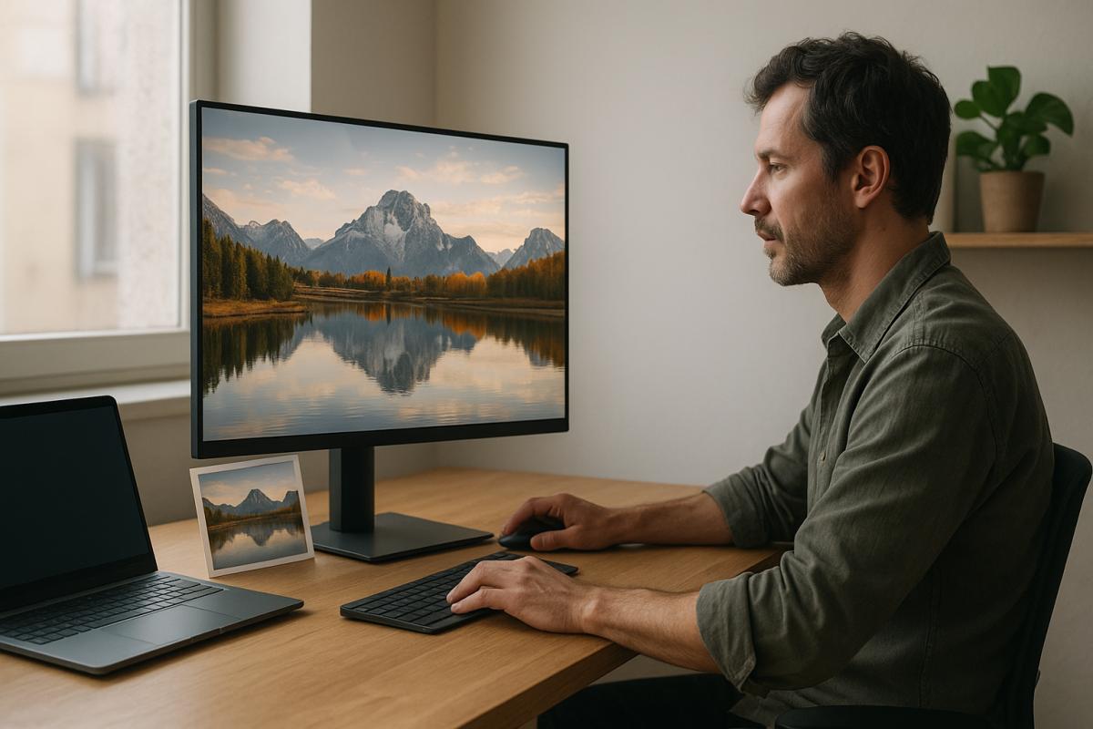 Dospelý fotograf sedí pri edit monitoroch a porovnáva farebnú úpravu bez viditeľných log