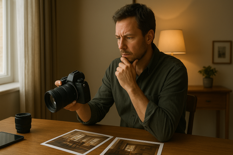 Dospelý fotograf rieši interiérové svetlo pri okne a lampe bez loga