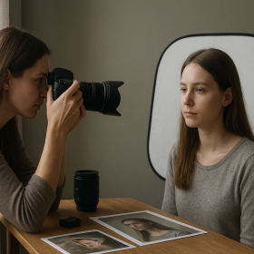Dospelá fotografka upravuje smer tváre pri portréte pri okne bez loga