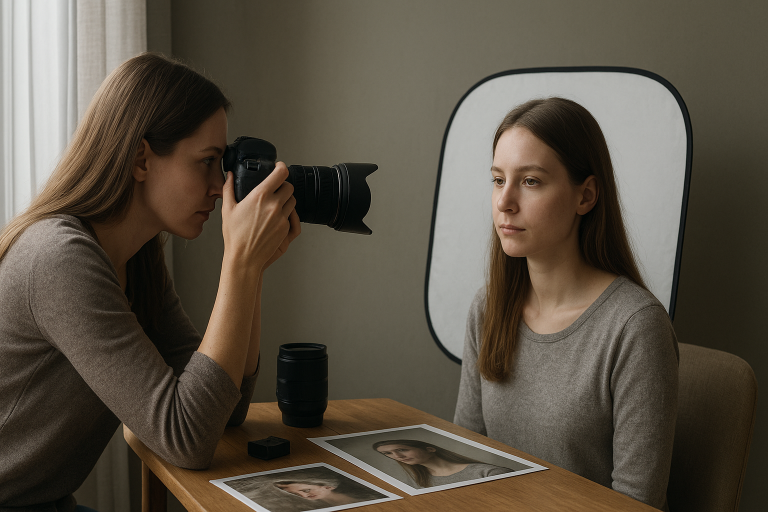 Dospelá fotografka upravuje smer tváre pri portréte pri okne bez loga
