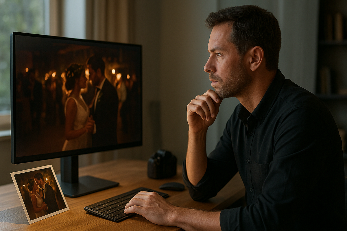 Dospelý profesionálny fotograf porovnáva denoise workflow na monitore bez loga