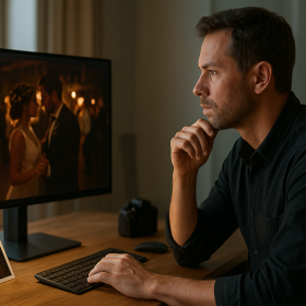 Dospelý profesionálny fotograf porovnáva denoise workflow na monitore bez loga