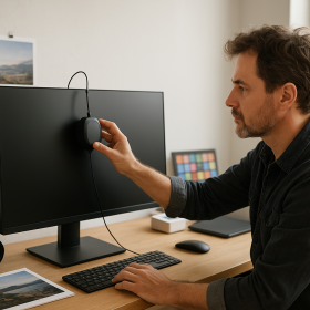 Dospelý fotograf drží kalibračnú sondu pri monitore bez loga