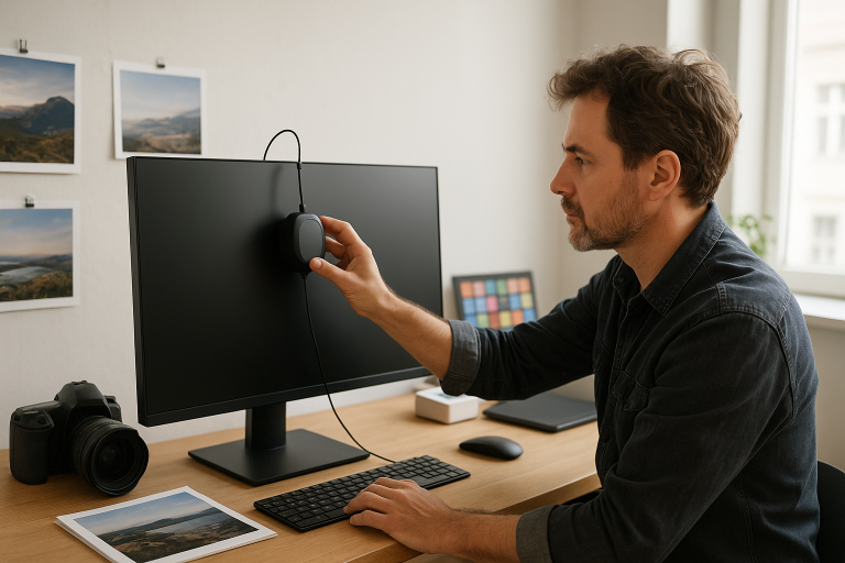 Dospelý fotograf drží kalibračnú sondu pri monitore bez loga