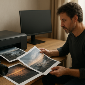Dospelý fotograf porovnáva A3+ proof a tlačový workflow pri stole bez loga
