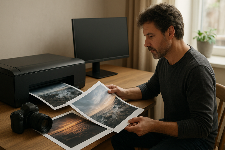 Dospelý fotograf porovnáva A3+ proof a tlačový workflow pri stole bez loga